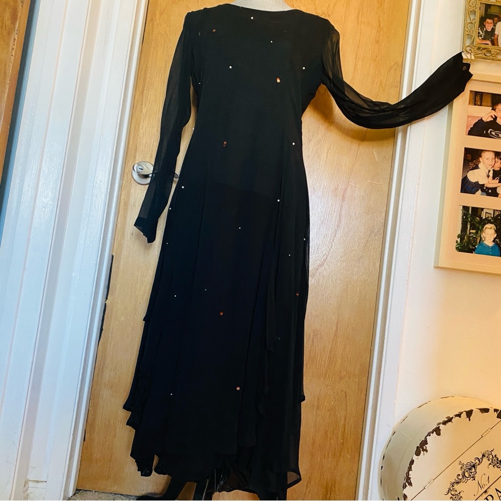 Black Sheer Fitted Feminine Goddess Dress with Sequin & Pearl Accents - Picture 9 of 10